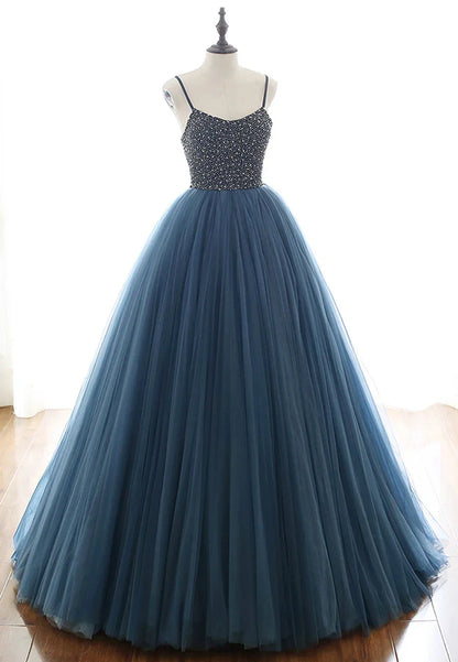 Blue Tulle Long Prom Dresses A-Line Evening Dresses with Beading