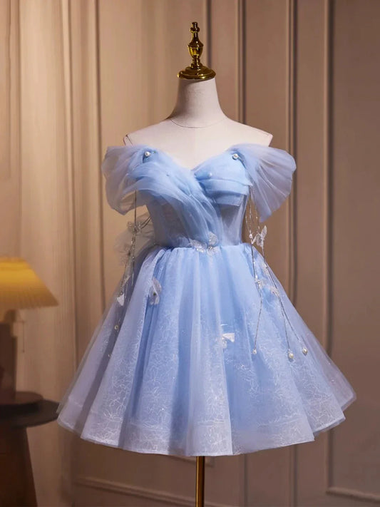 Blue Tulle Short A-Line Prom Dress Lovely Off the Shoulder Party Dress