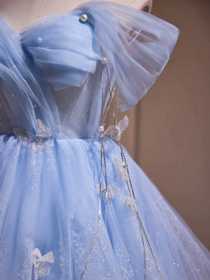 Blue Tulle Short A-Line Prom Dress Lovely Off the Shoulder Party Dress