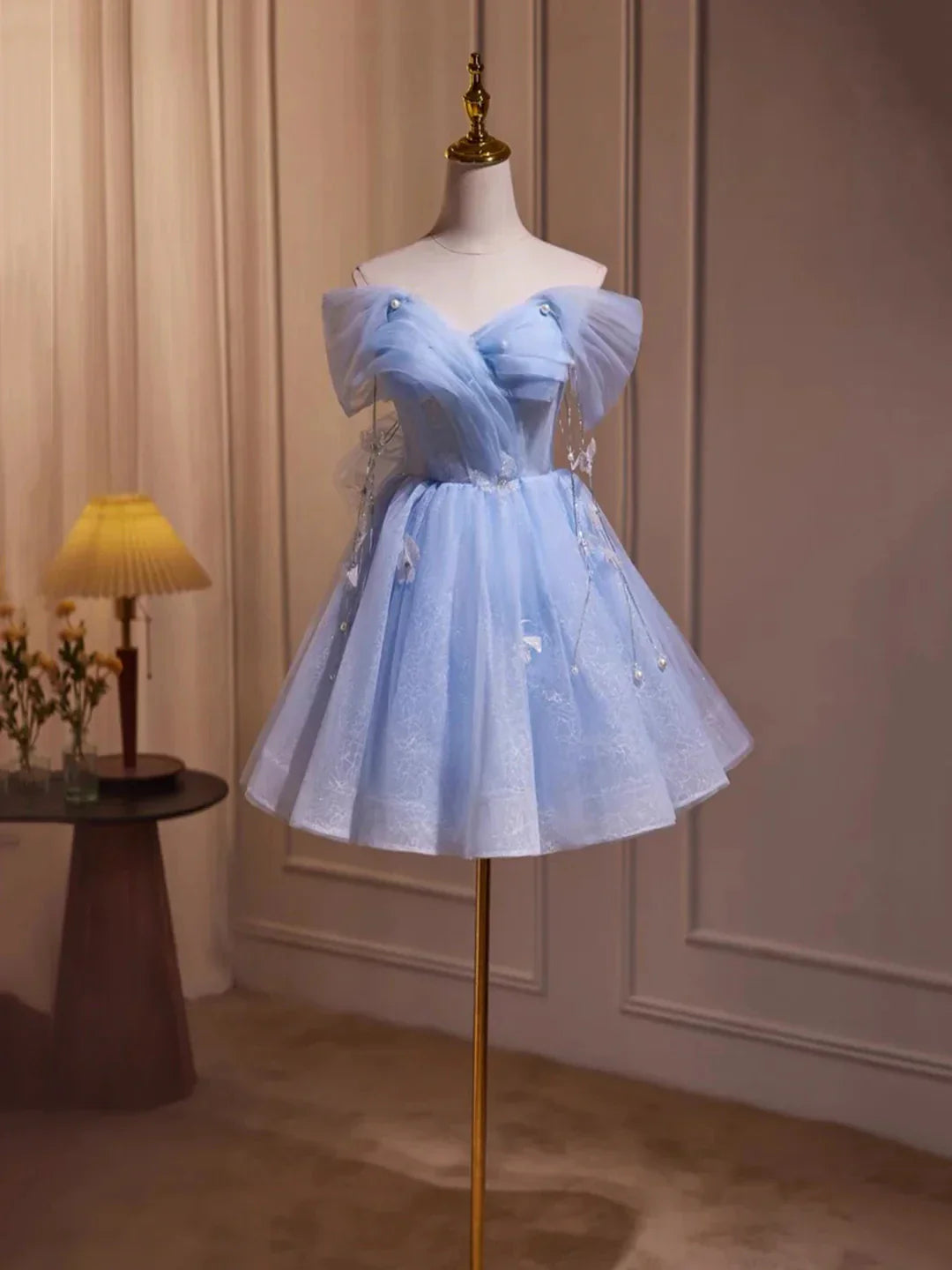 Blue Tulle Short A-Line Prom Dress Lovely Off the Shoulder Party Dress