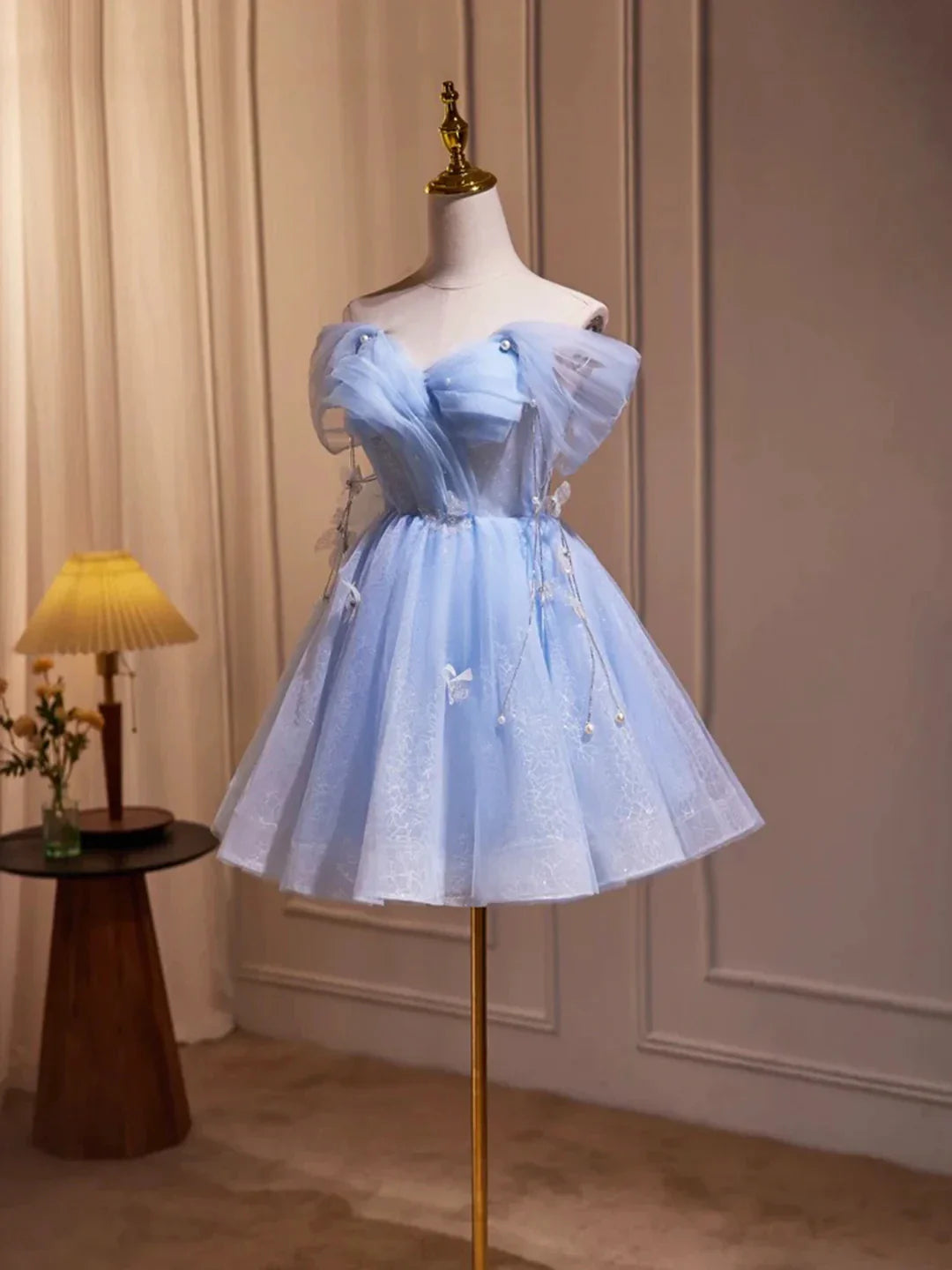 Blue Tulle Short A-Line Prom Dress Lovely Off the Shoulder Party Dress