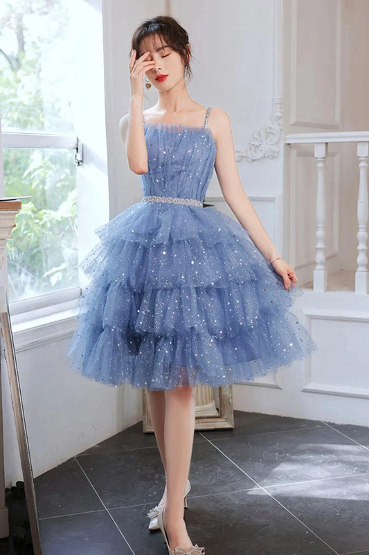 Blue Tulle Short Prom Dresses A-Line Homecoming Party Dresses