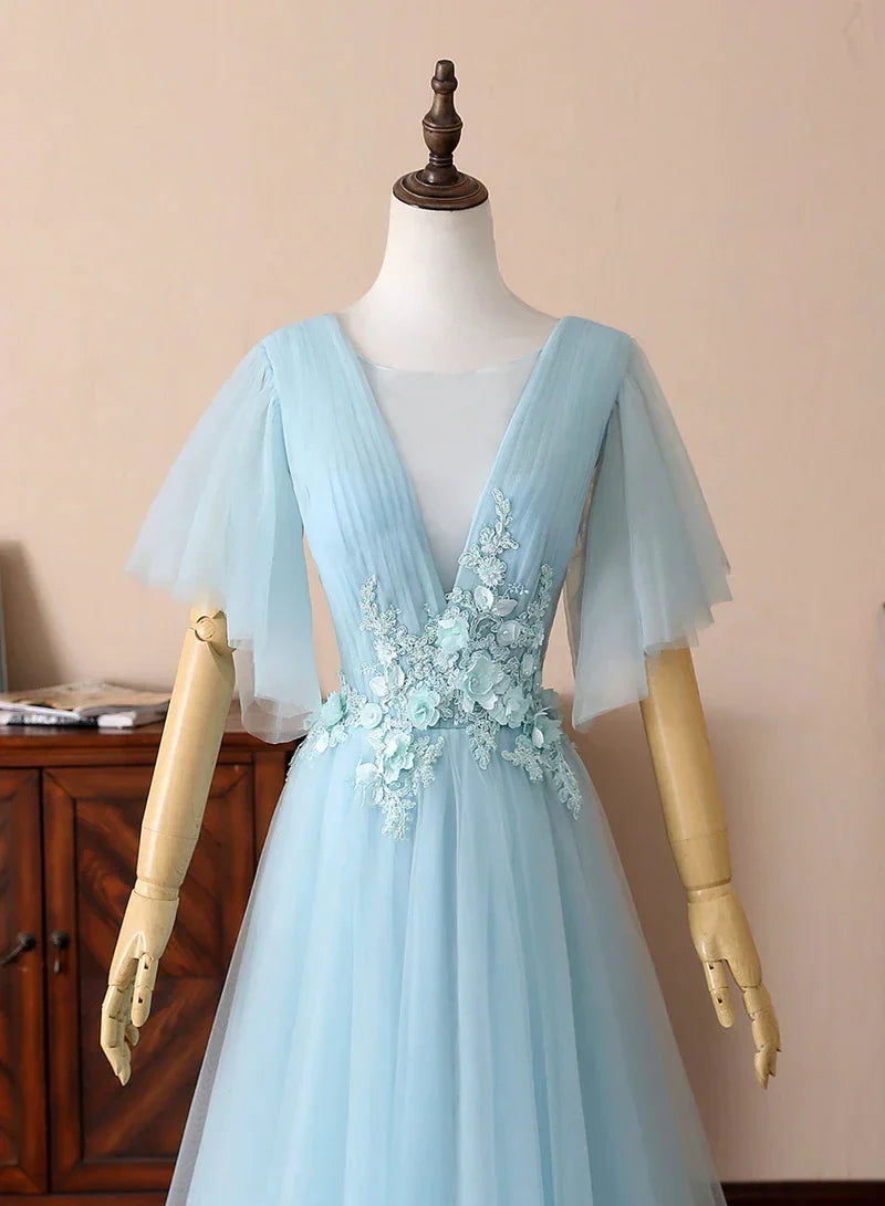 Blue V-Neck Lace Long Prom Dresses A-Line Evening Dresses