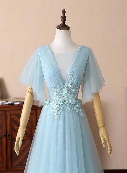 Blue V-Neck Lace Long Prom Dresses A-Line Evening Dresses