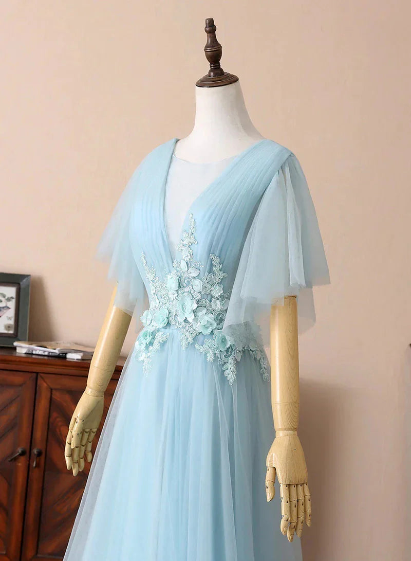 Blue V-Neck Lace Long Prom Dresses A-Line Evening Dresses