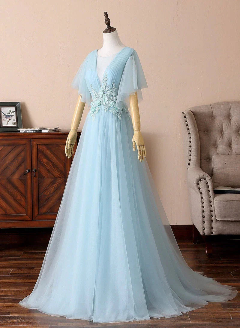 Blue V-Neck Lace Long Prom Dresses A-Line Evening Dresses