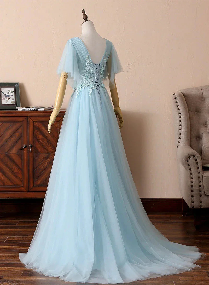 Blue V-Neck Lace Long Prom Dresses A-Line Evening Dresses