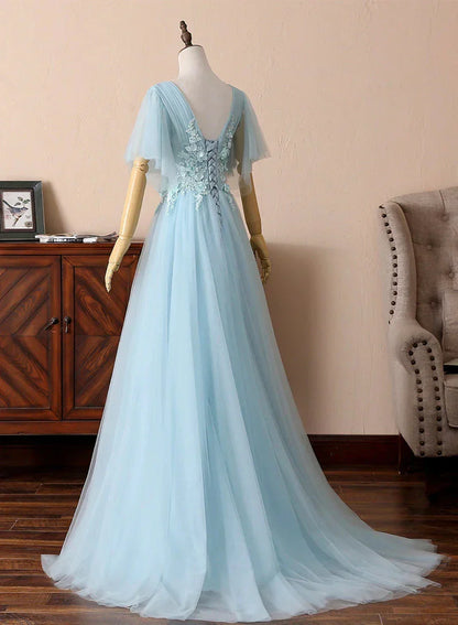 Blue V-Neck Lace Long Prom Dresses A-Line Evening Dresses
