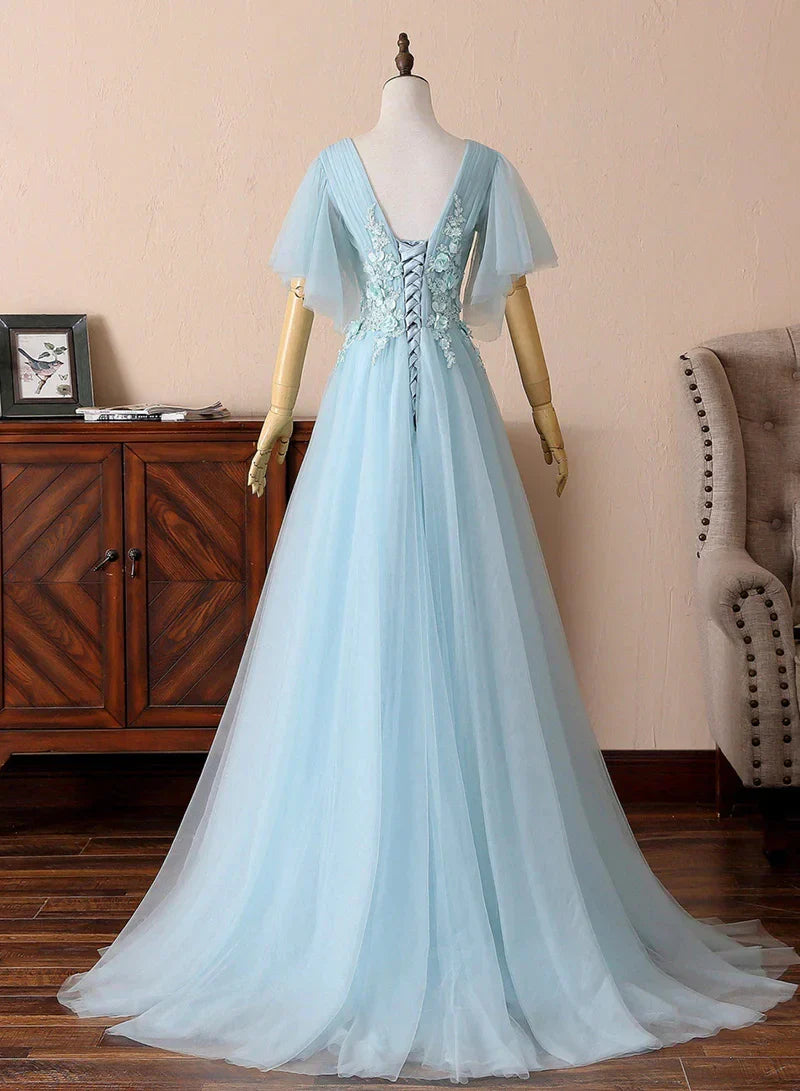 Blue V-Neck Lace Long Prom Dresses A-Line Evening Dresses