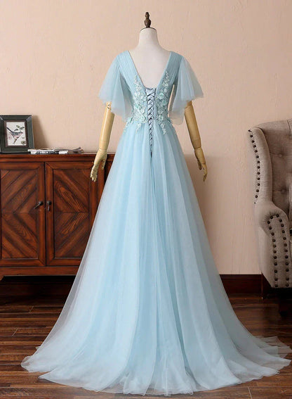 Blue V-Neck Lace Long Prom Dresses A-Line Evening Dresses