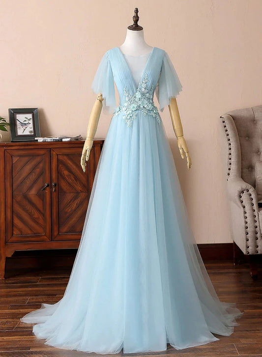 Blue V-Neck Lace Long Prom Dresses A-Line Evening Dresses