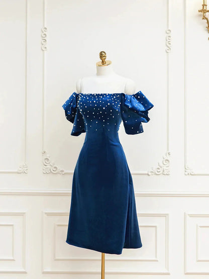 Blue Velvet A-Line Short Prom Dress with Pearls Off the Shoulder Evening Party Dress