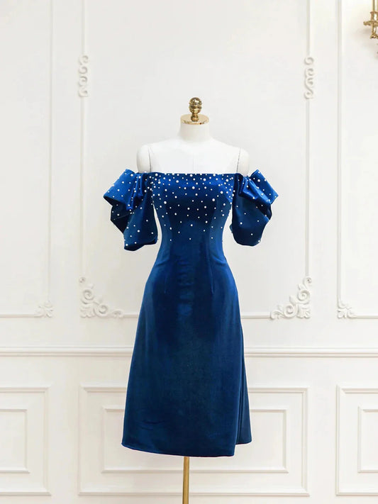 Blue Velvet A-Line Short Prom Dress with Pearls Off the Shoulder Evening Party Dress