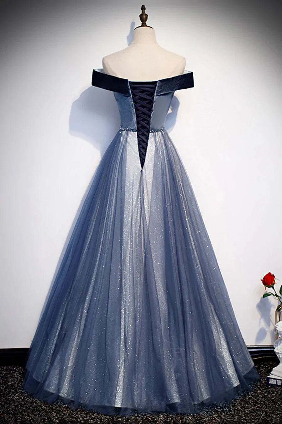 Blue Velvet Tulle Long Prom Dresses Off the Shoulder Evening Dresses