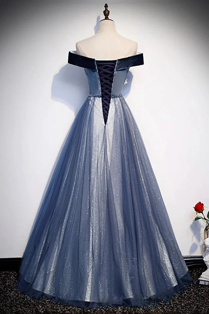 Blue Velvet Tulle Long Prom Dresses Off the Shoulder Evening Dresses