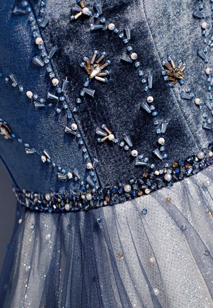 Blue Velvet Tulle Long Prom Dresses Off the Shoulder Evening Dresses