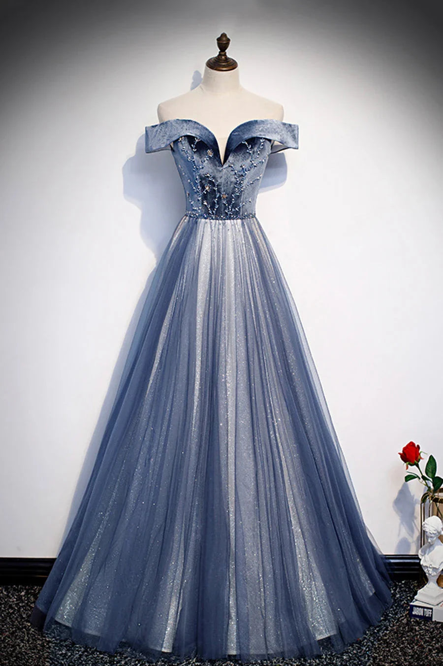Blue Velvet Tulle Long Prom Dresses Off the Shoulder Evening Dresses
