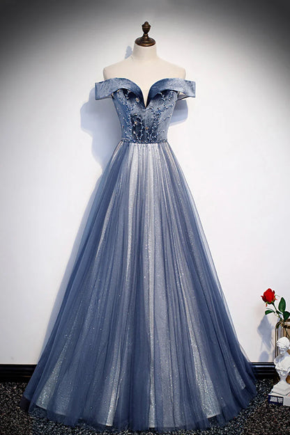 Blue Velvet Tulle Long Prom Dresses Off the Shoulder Evening Dresses