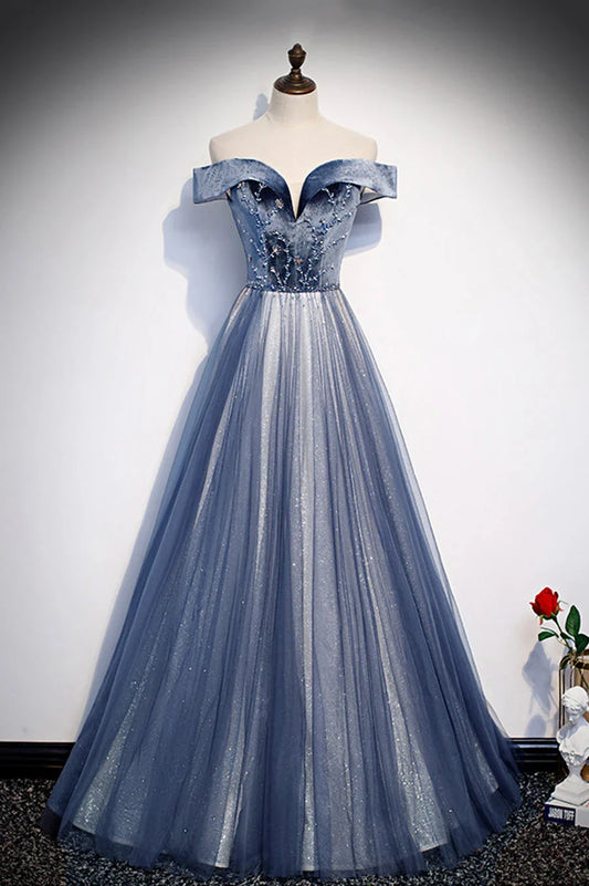 Blue Velvet Tulle Long Prom Dresses Off the Shoulder Evening Dresses