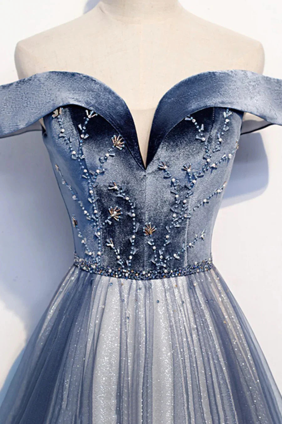 Blue Velvet Tulle Long Prom Dresses Off the Shoulder Evening Dresses