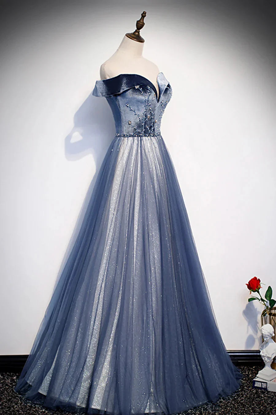 Blue Velvet Tulle Long Prom Dresses Off the Shoulder Evening Dresses