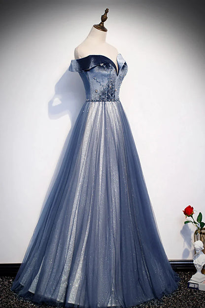 Blue Velvet Tulle Long Prom Dresses Off the Shoulder Evening Dresses