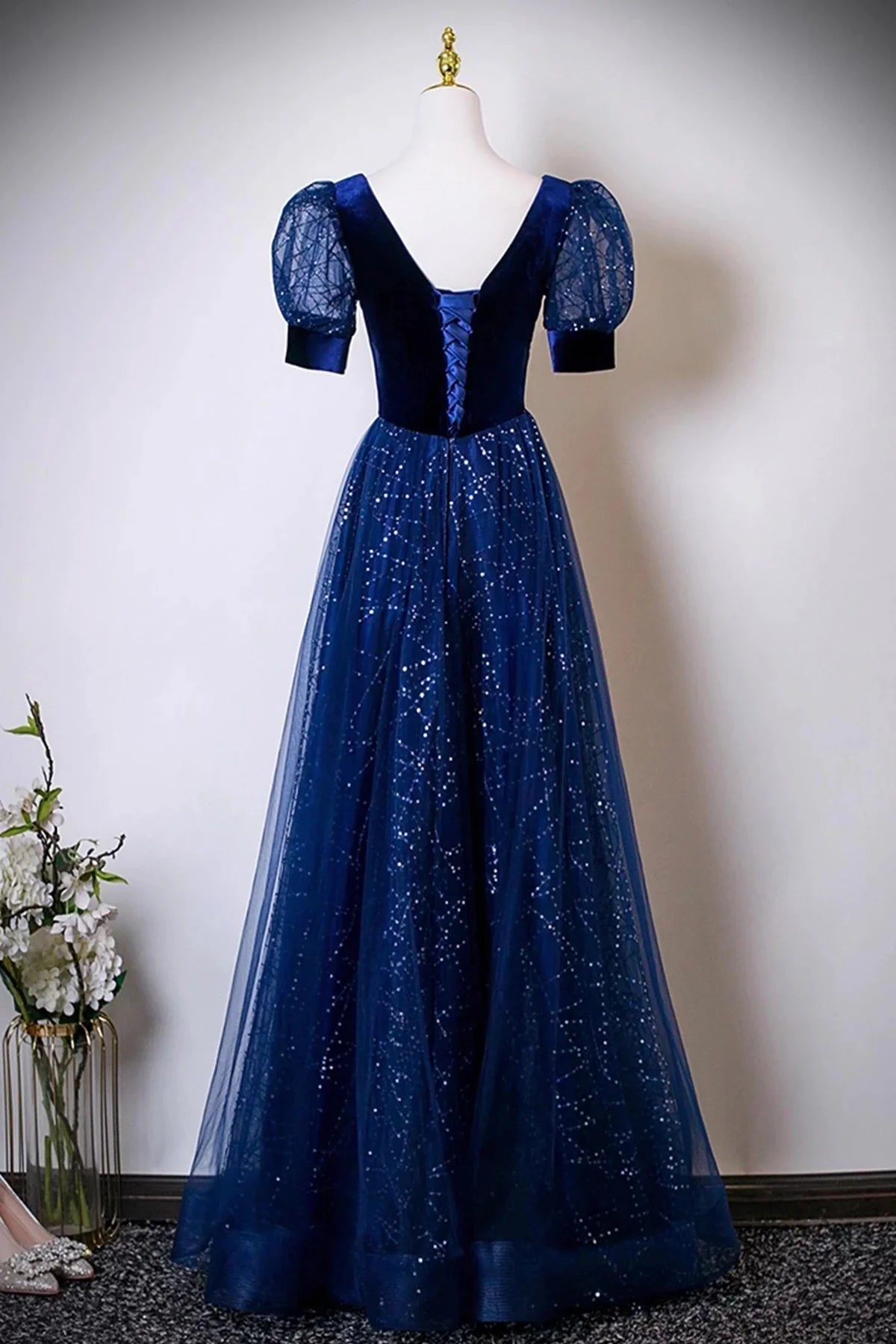 Blue Velvet and Tulle Sequins Long Prom Dress Blue Evening Party Dress