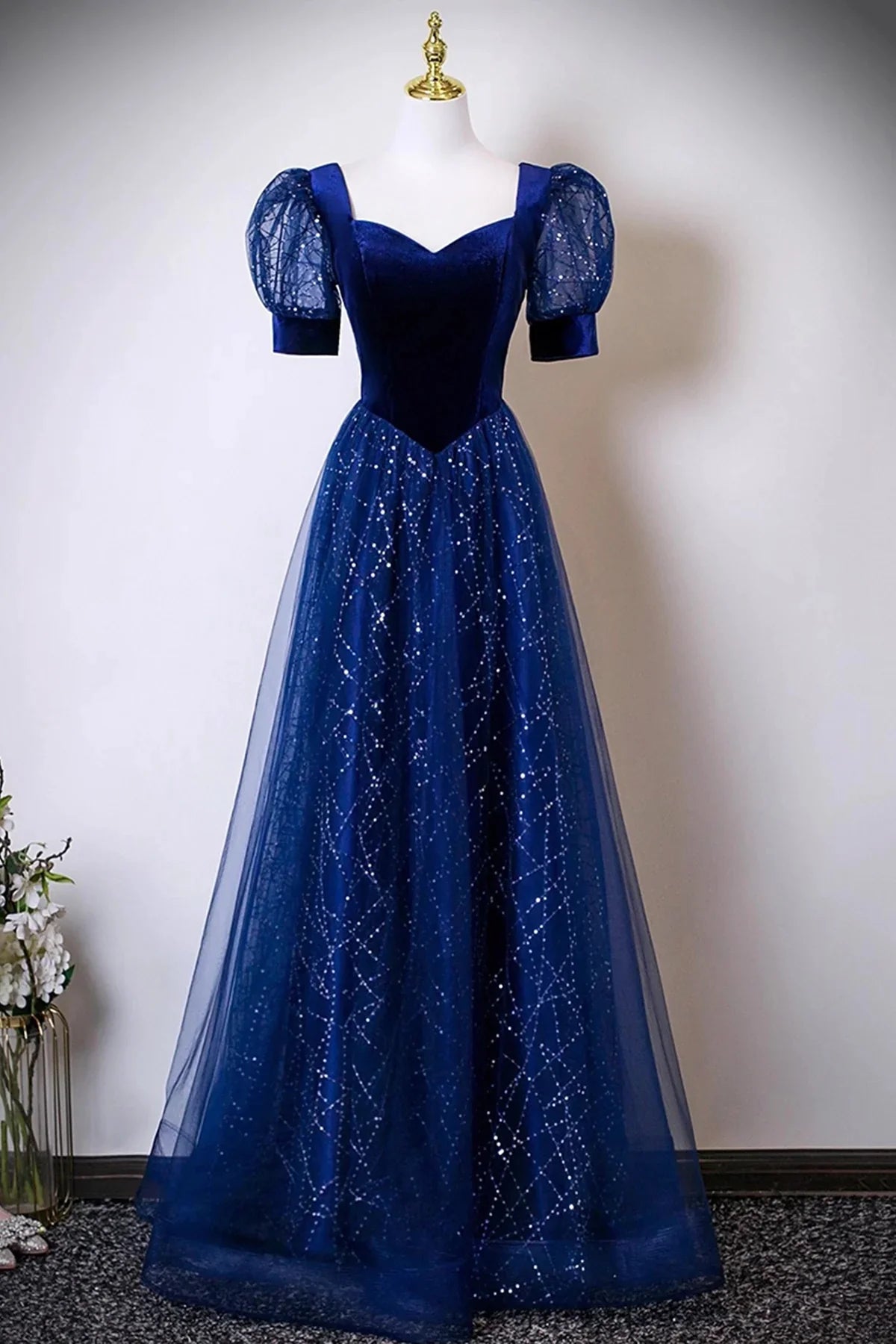Blue Velvet and Tulle Sequins Long Prom Dress Blue Evening Party Dress