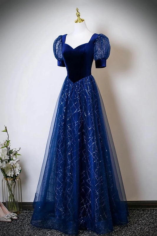 Blue Velvet and Tulle Sequins Long Prom Dress Blue Evening Party Dress