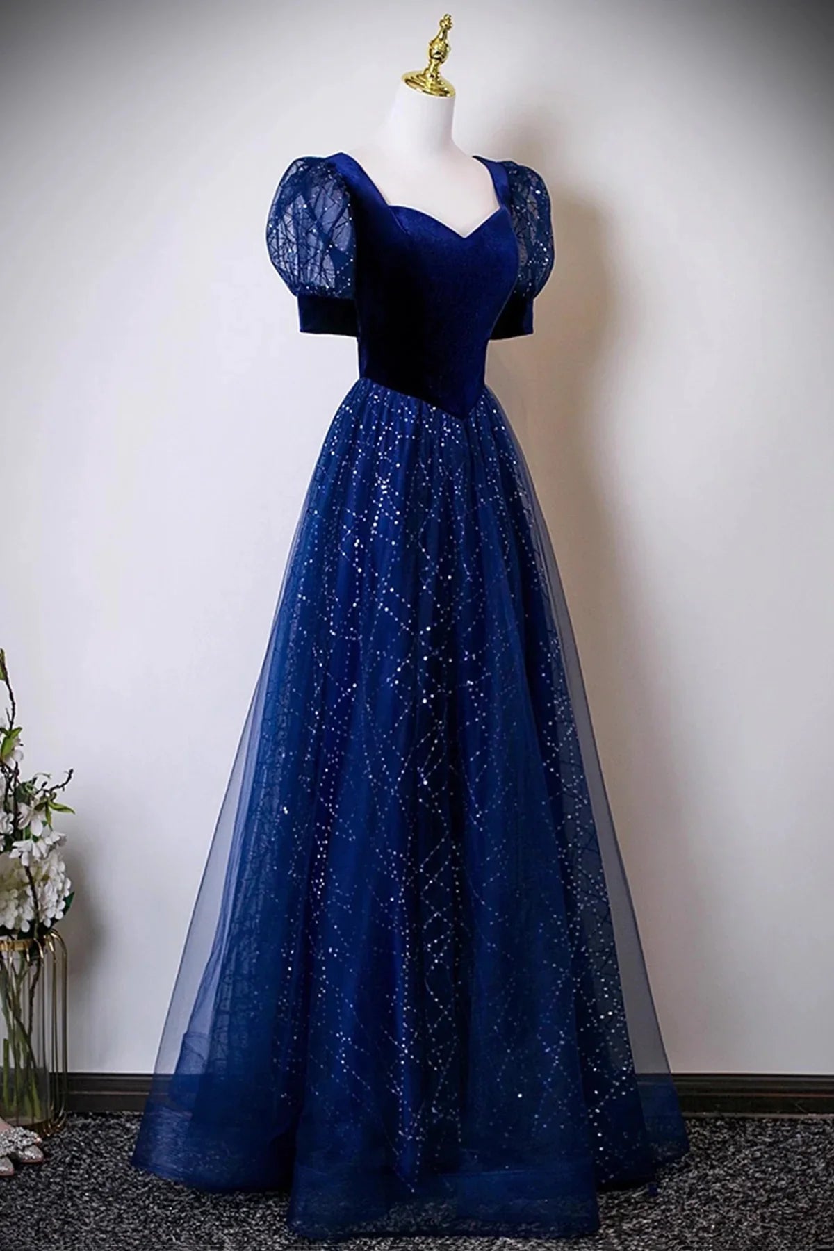Blue Velvet and Tulle Sequins Long Prom Dress Blue Evening Party Dress