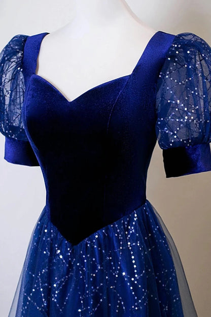 Blue Velvet and Tulle Sequins Long Prom Dress Blue Evening Party Dress