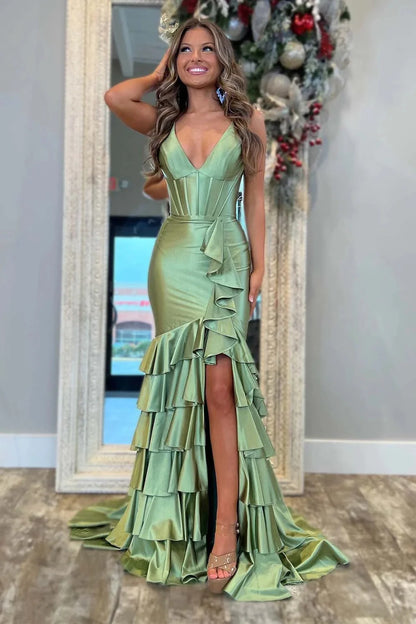 Bodycon Slit Prom Dress with Ruffle Skirt