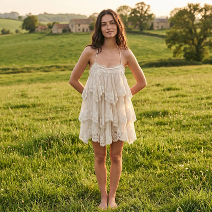 Bohemian A-Line Halter Neck Lace Trim Ruffled Ivory Mini Homecoming Dresses