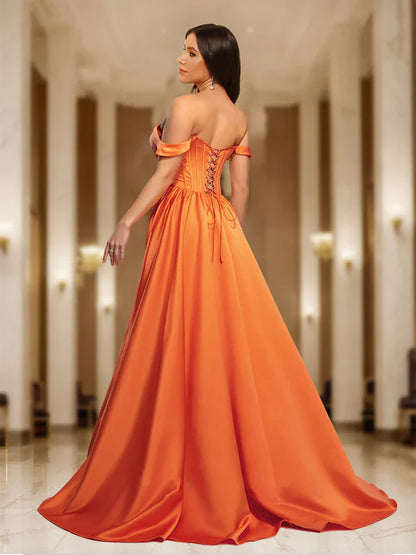 Bold A-Line Off-Shoulder Lace-Up-Back Burnt Orange Satin Floor-Length Prom Dresses
