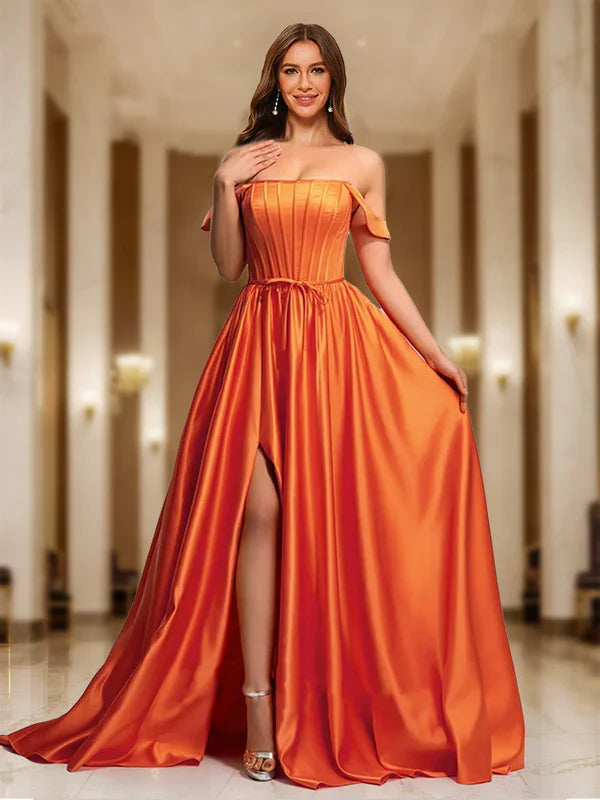 Bold A-Line Off-Shoulder Lace-Up-Back Burnt Orange Satin Floor-Length Prom Dresses