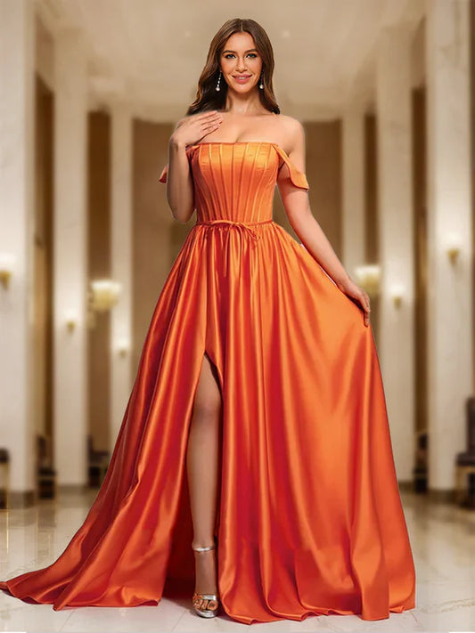 Bold A-Line Off-Shoulder Lace-Up-Back Burnt Orange Satin Floor-Length Prom Dresses