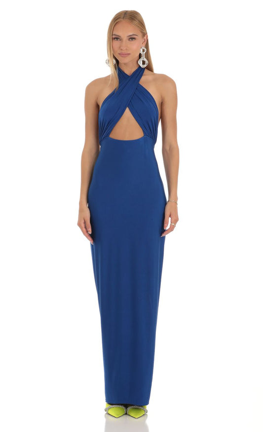 Bold Sheath Halter-Neck Cut-Out-Back Royal Blue Floor-Length Prom Dresses