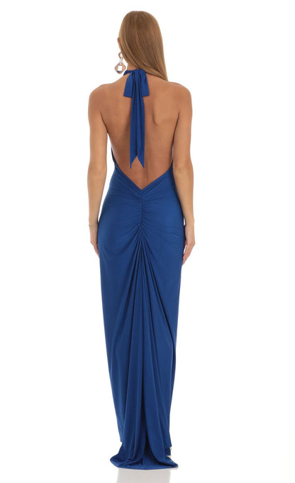 Bold Sheath Halter-Neck Cut-Out-Back Royal Blue Floor-Length Prom Dresses