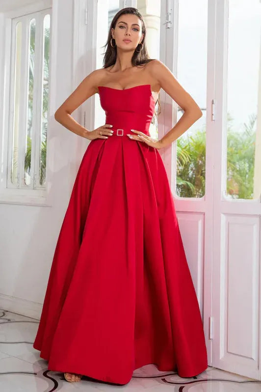 Elegant A-Line Strapless Belted Slit Satin Red Floor-Length Prom Gown for Women