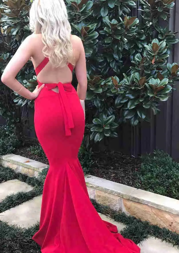 Bold Crepe Floor-Length Evening Dress Red Halter Sleeveless Women