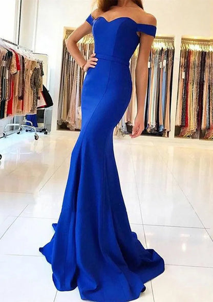 Bold Satin Long Evening Dress Royal-Blue Off-Shoulder Sleeveless Party Gown for Women