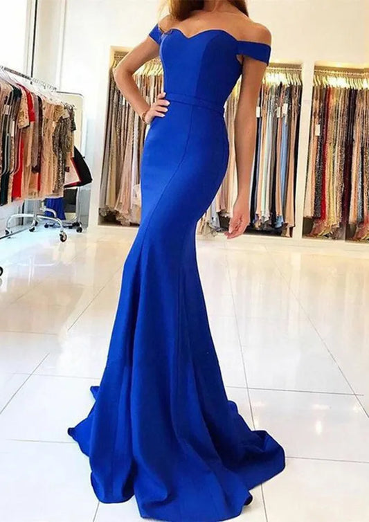 Bold Satin Long Evening Dress Royal-Blue Off-Shoulder Sleeveless Party Gown for Women