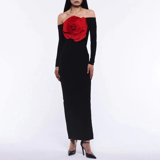 Bold Sheath Off-Shoulder Long-Sleeve Rose-Accent Black Midi Prom Dress for Women Ready to Ship