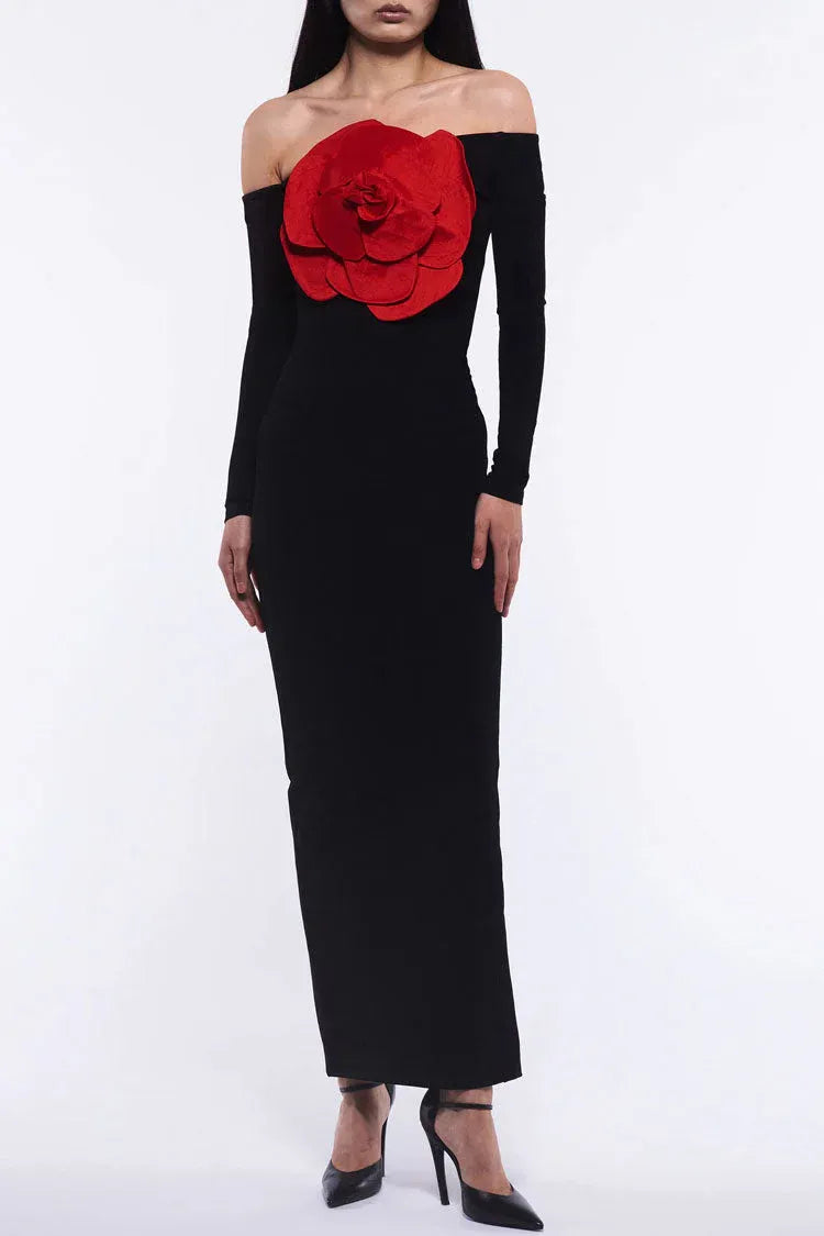 Bold Sheath Off-Shoulder Long-Sleeve Rose-Accent Black Midi Prom Dress for Women Ready to Ship