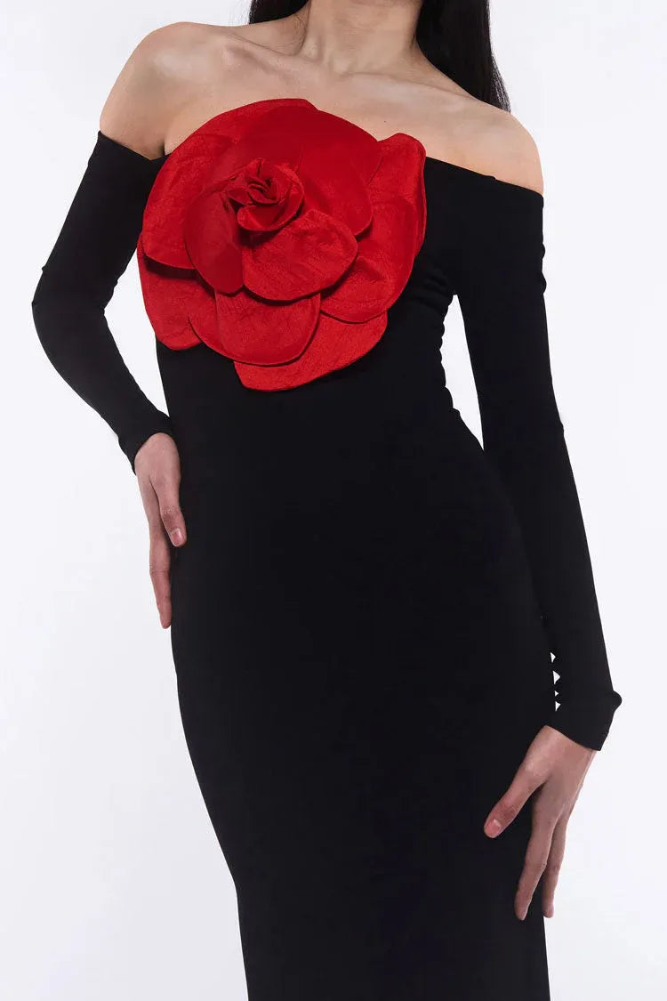 Bold Sheath Off-Shoulder Long-Sleeve Rose-Accent Black Midi Prom Dress for Women Ready to Ship