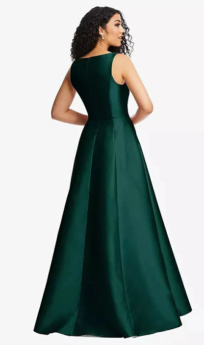 Boned Corset Closed-Back Satin Gown with Full Skirt and Pockets in Evergreen