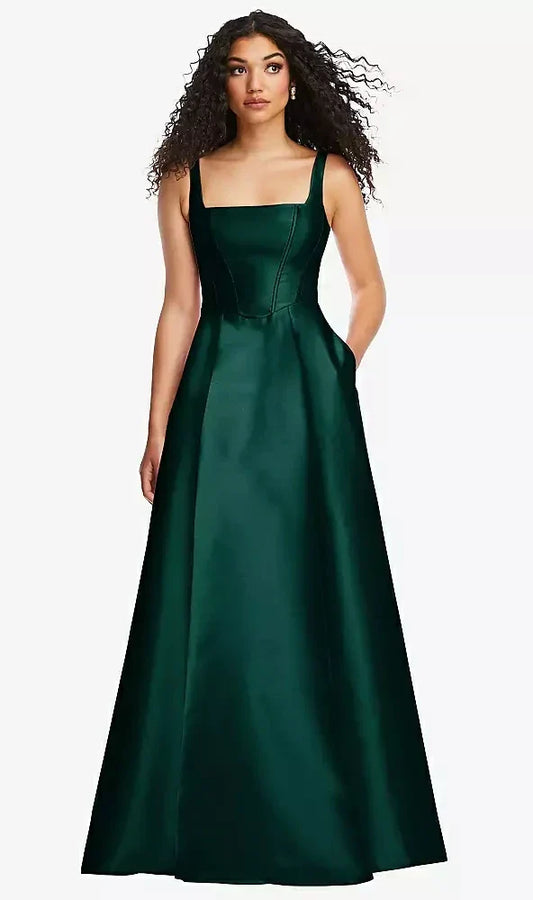 Boned Corset Closed-Back Satin Gown with Full Skirt and Pockets in Evergreen