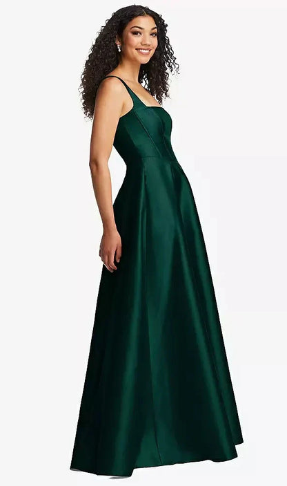 Boned Corset Closed-Back Satin Gown with Full Skirt and Pockets in Evergreen