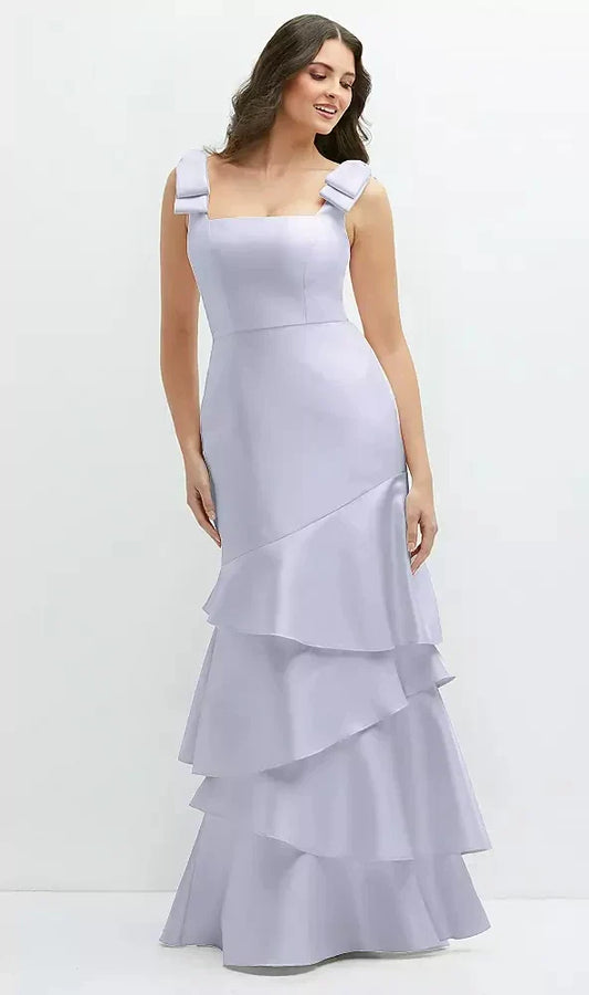 Bow-Shoulder Satin Maxi Dress with Asymmetrical Tiered Skirt in Silver Dove