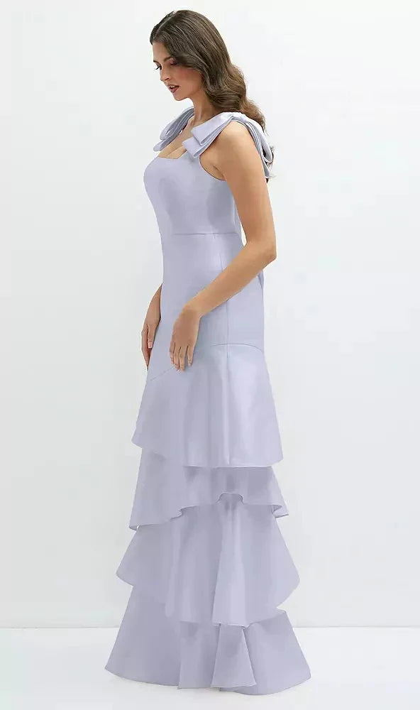 Bow-Shoulder Satin Maxi Dress with Asymmetrical Tiered Skirt in Silver Dove